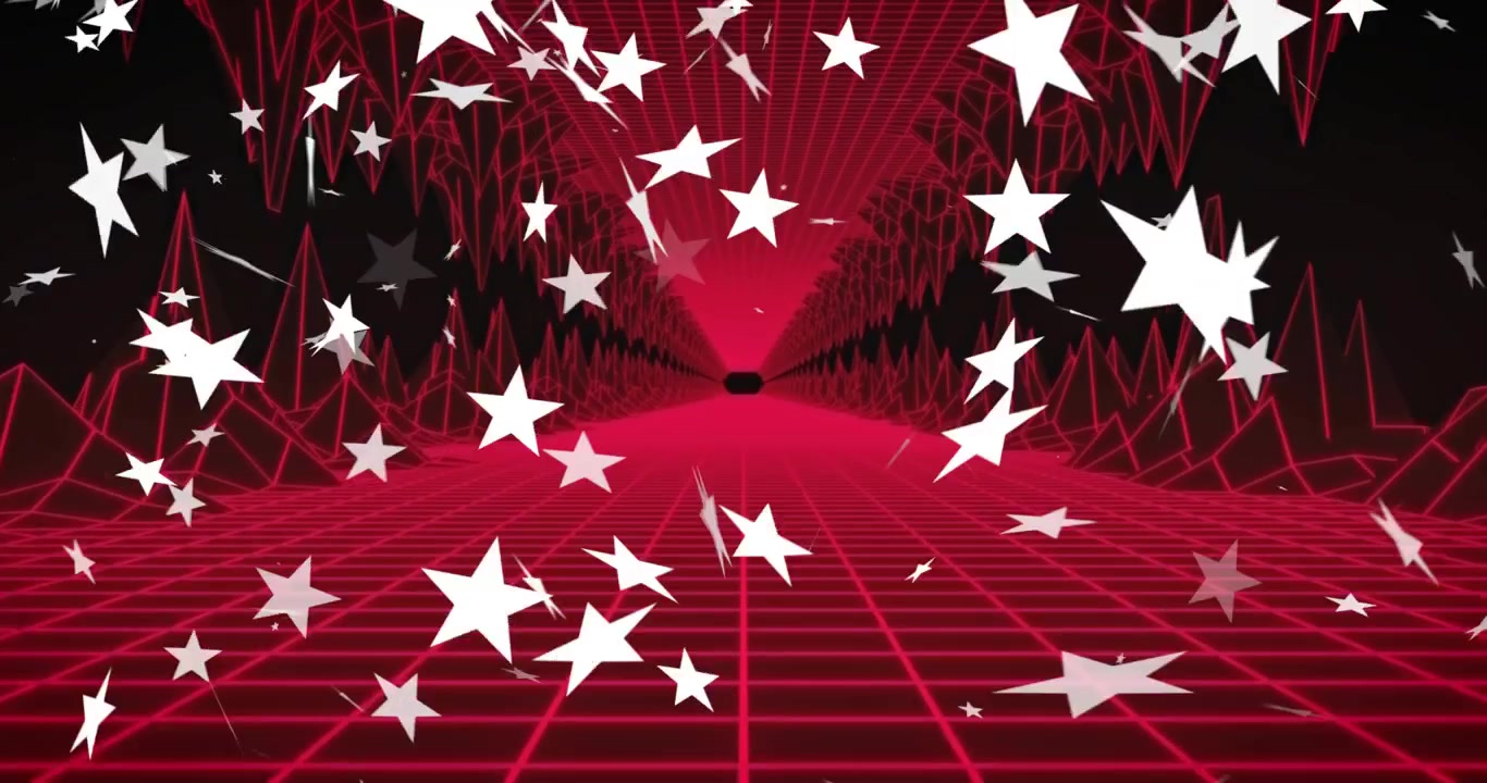 Emettitore che rilascia stelle bianche, che scorrono verso lo spettatore attraverso un tunnel a griglia neon creando profondità.