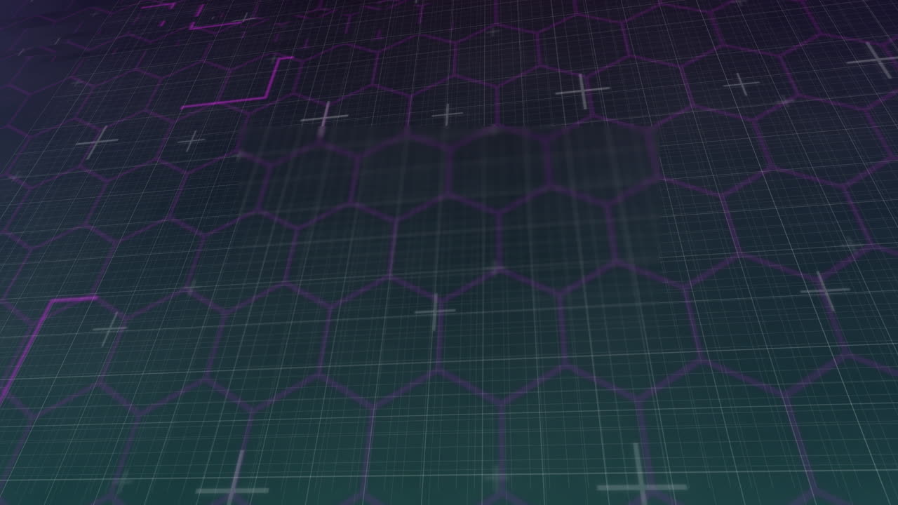 animación de una red de hexágonos púrpuras y rastros de luz sobre fondo negro