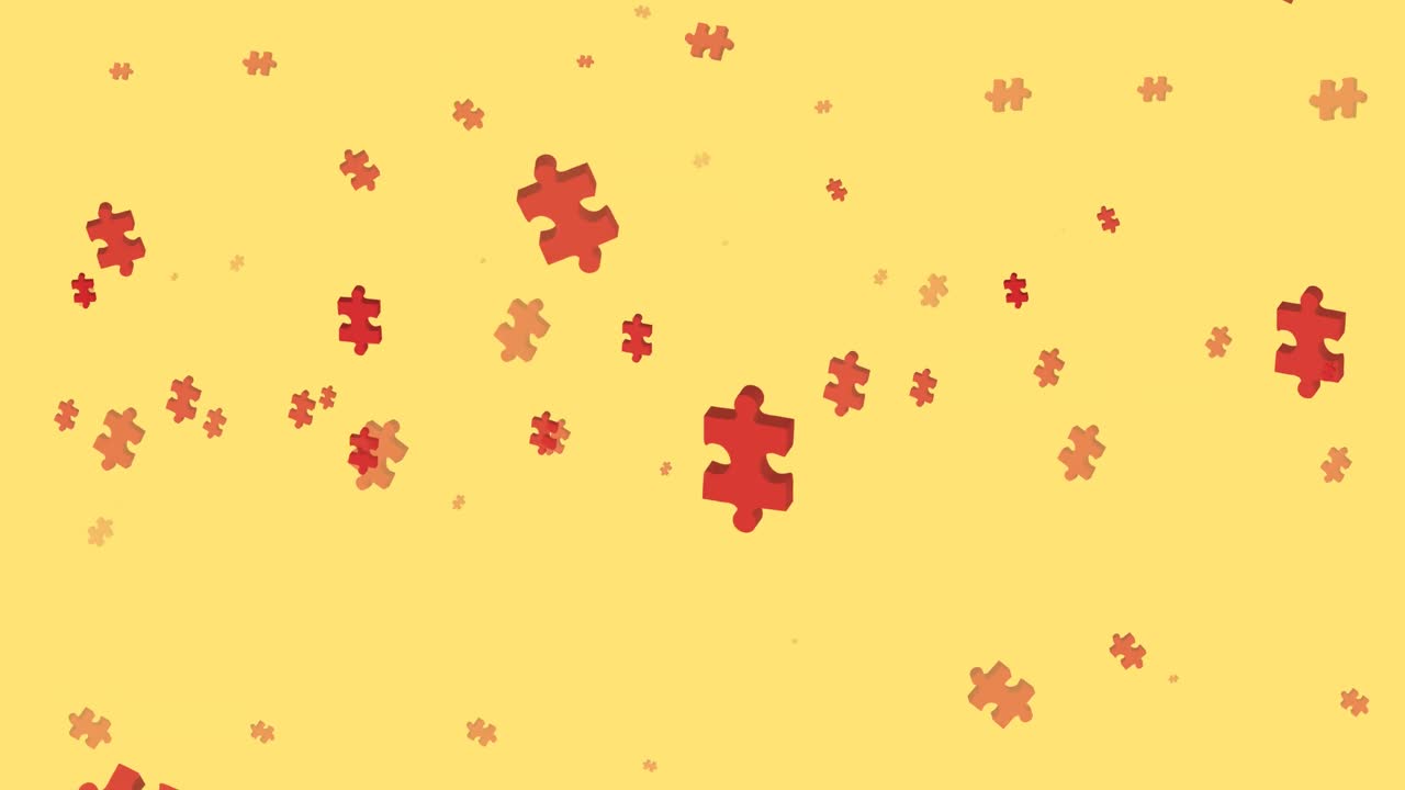 Animation of red pieces of puzzle falling on yellow background