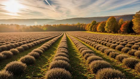 A Beautiful Lavender Field at Sunrise Capturing the Essence of Autumn, with Rows of Lavender Plants Under a Bright Sky and Breathtaking Scenery
