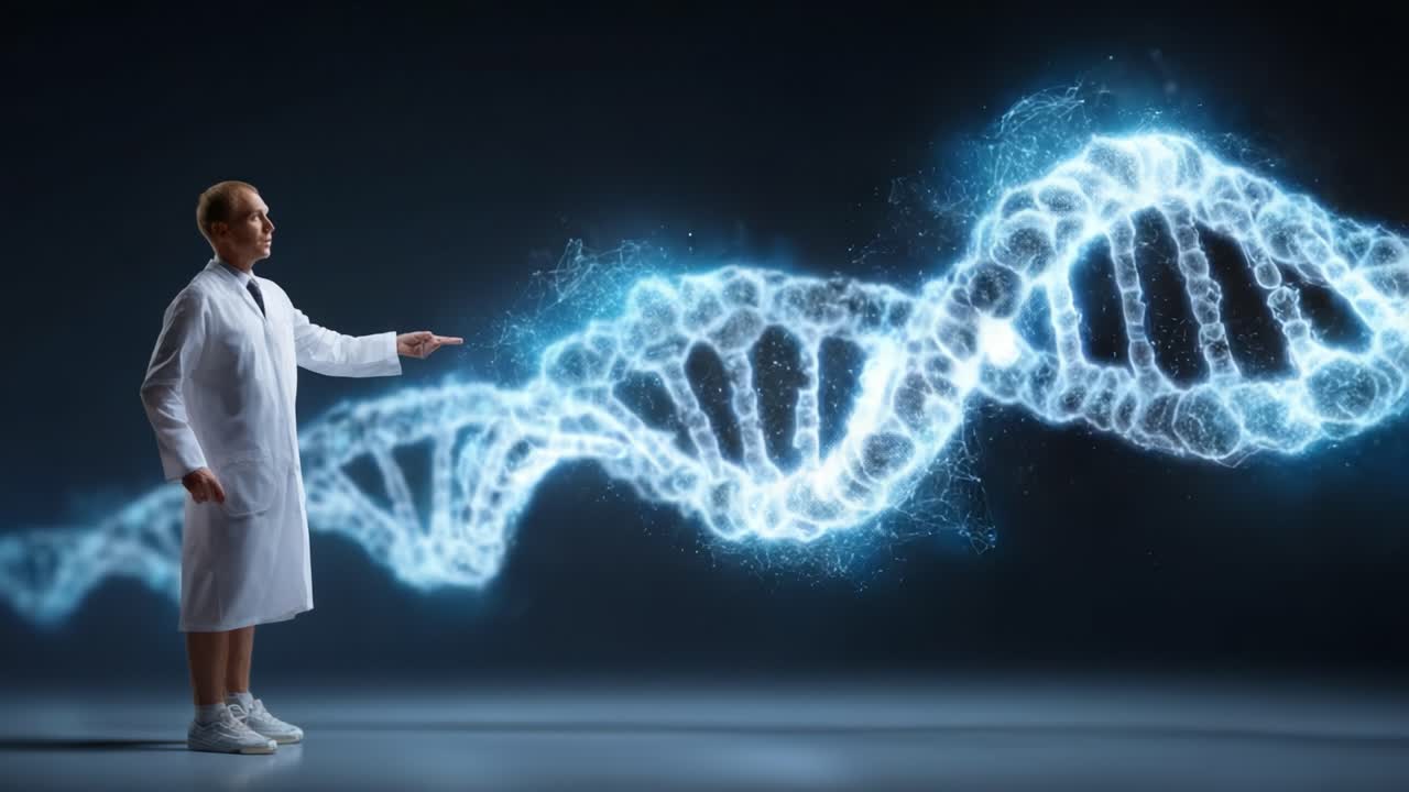 A Scientist Standing in Awe Before a Glowing DNA Helix, Highlighting the Intricacies of Genetic Engineering and the Future of Biotechnology and Research Innovations