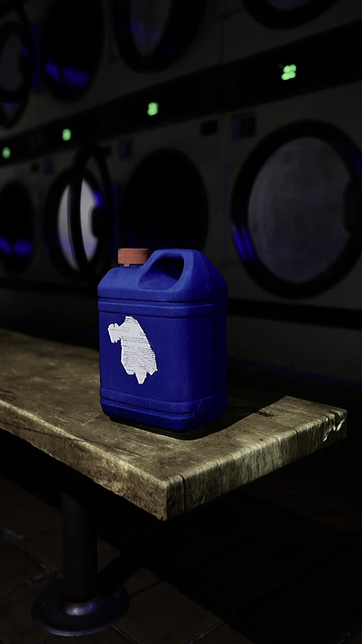 Canister left on wooden table in dimly lit laundromat at night