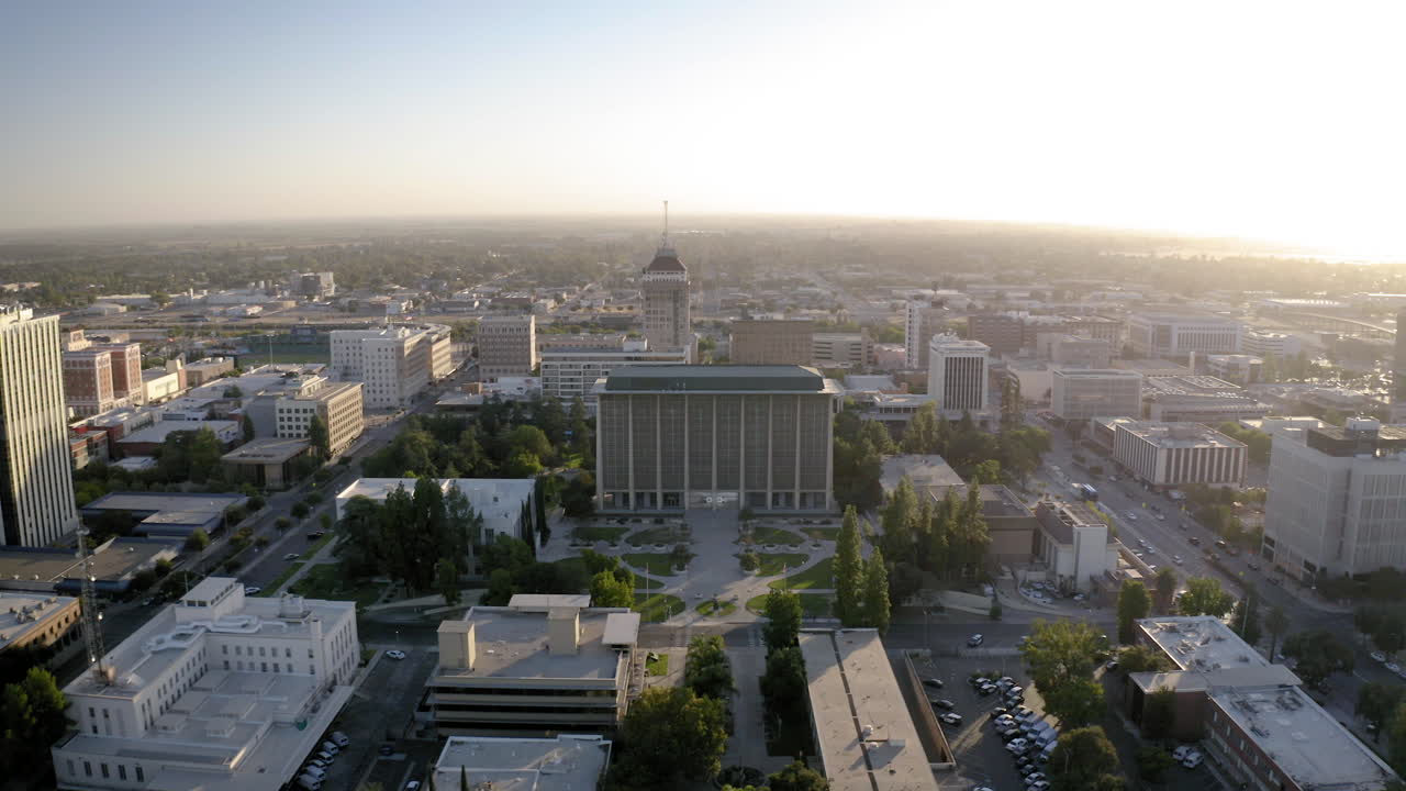 Aerial View of a Cityscape at Sunrise