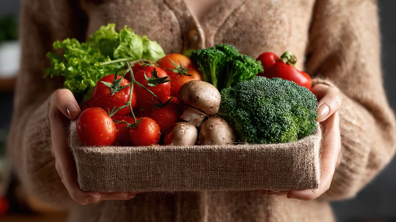 A Variety of Fresh Vegetables and Greens Perfectly Displayed in a Natural Basket, Showcasing Healthy Eating and Colorful Ingredients for Cooking or Salads
