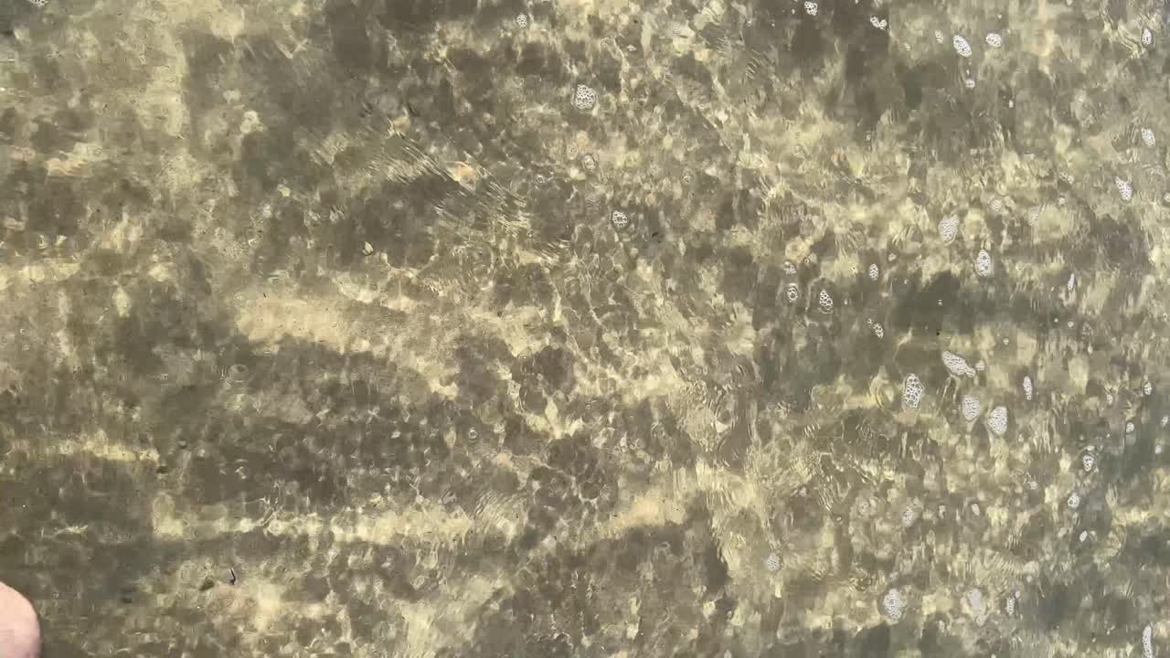 Calm view of the movement of gentle waves and feet of man walking on clear, shallow seawater