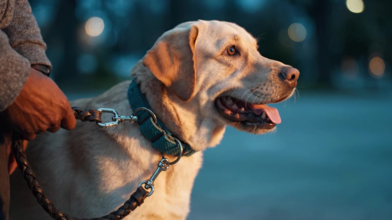 Una calda passeggiata serale con un amichevole Labrador Retriever e il suo proprietario, che cattura il legame tra gli umani e i loro amati animali domestici in un ambiente sereno.