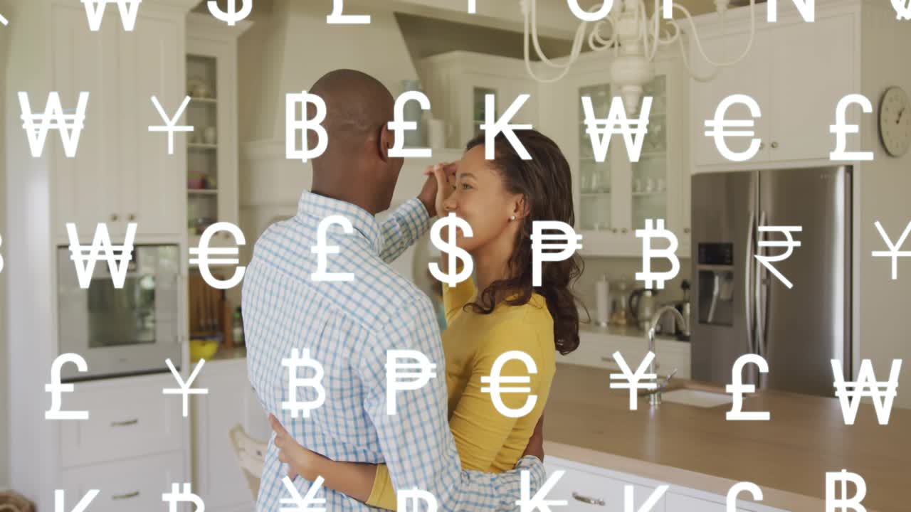 Dancing couple in kitchen sharing love as man adjusting hold, mustard top, currency symbols