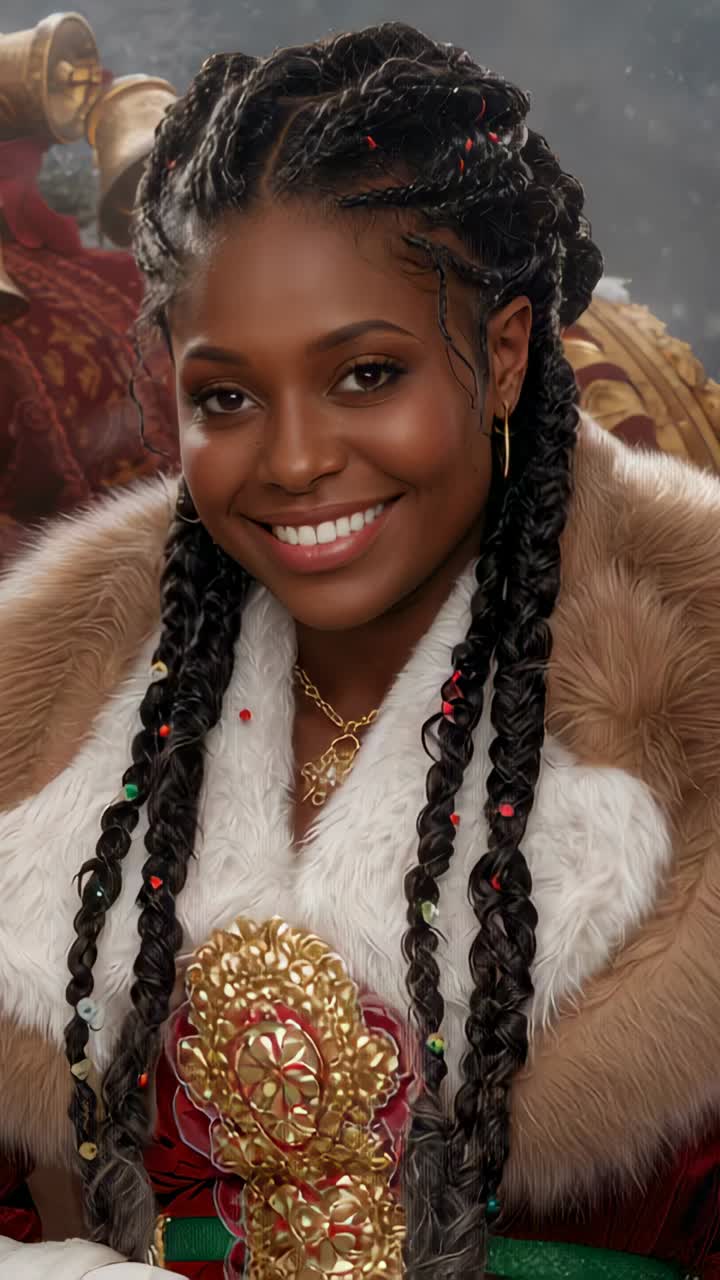 Vertical video: Smiling woman in fur posing for portrait in studio, camera clicking, braids, pin