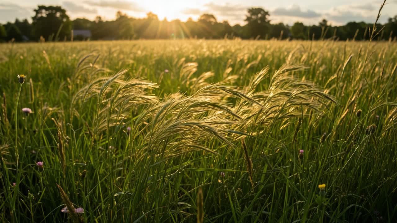 Golden Light Illuminates a Lush Field of Grasses as the Sun Sets, Creating a Breathtaking Natural Scene that Captures the Essence of Tranquility and Beauty