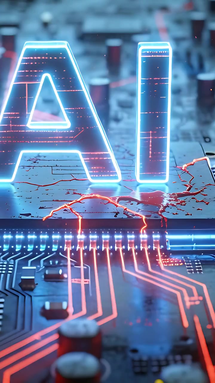 Vertical video: Powering chip, neon AI letters pulsing across PCB while red traces showing power-up