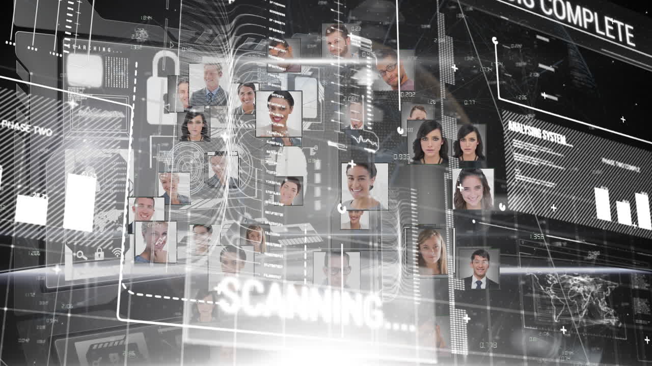animación del procesamiento de datos y el escaneo de seguridad con una red de fotografías de personas