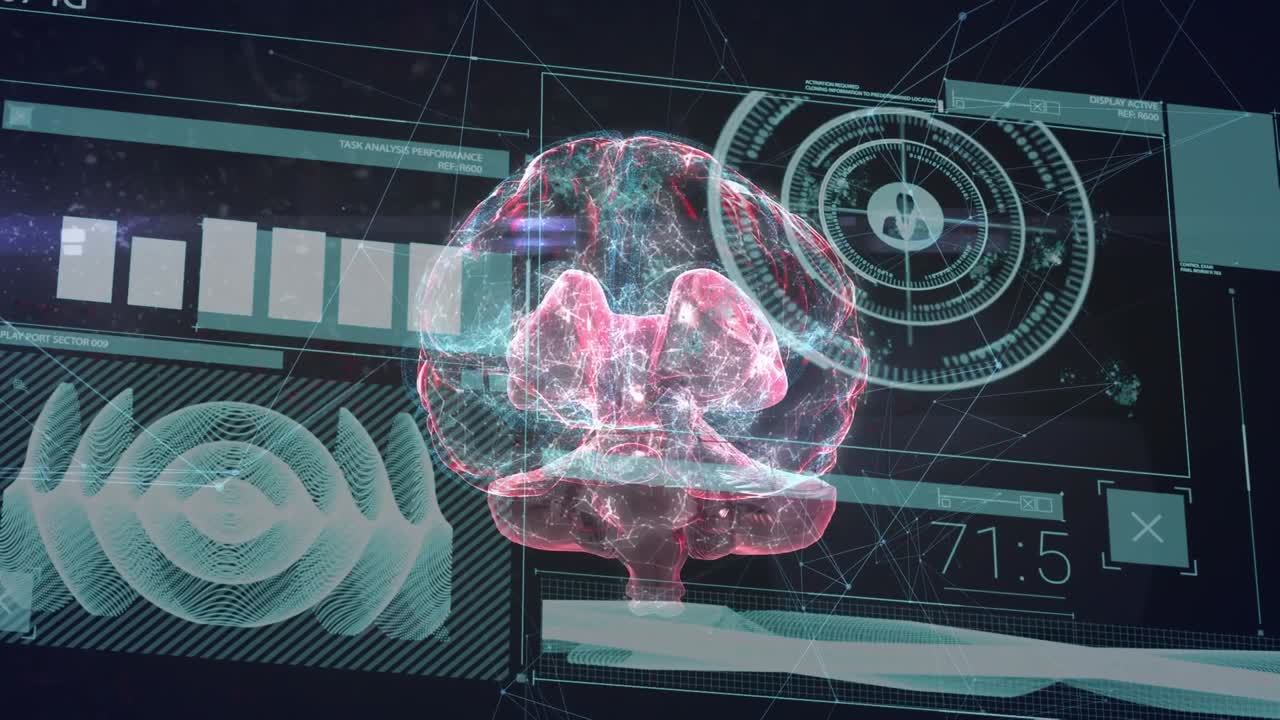 Animation of data processing and brain over black background