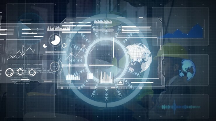 In office, animation showing global data analytics on digital interface to professionals