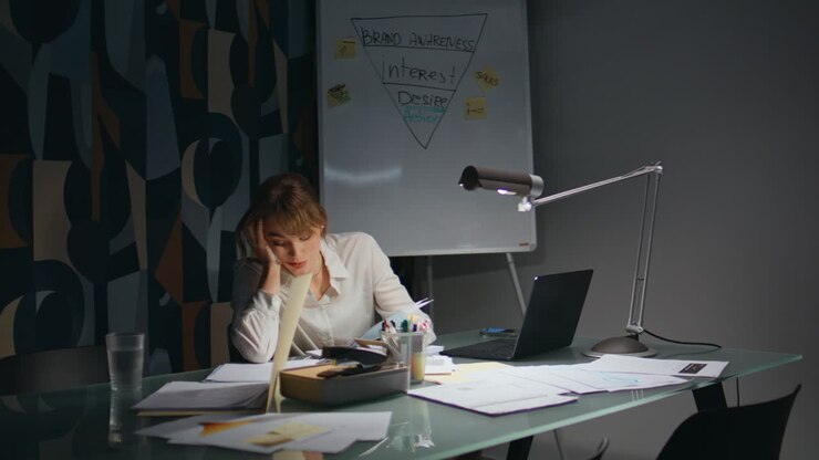 Tired secretary doing paperwork working night. Overworked woman checking papers