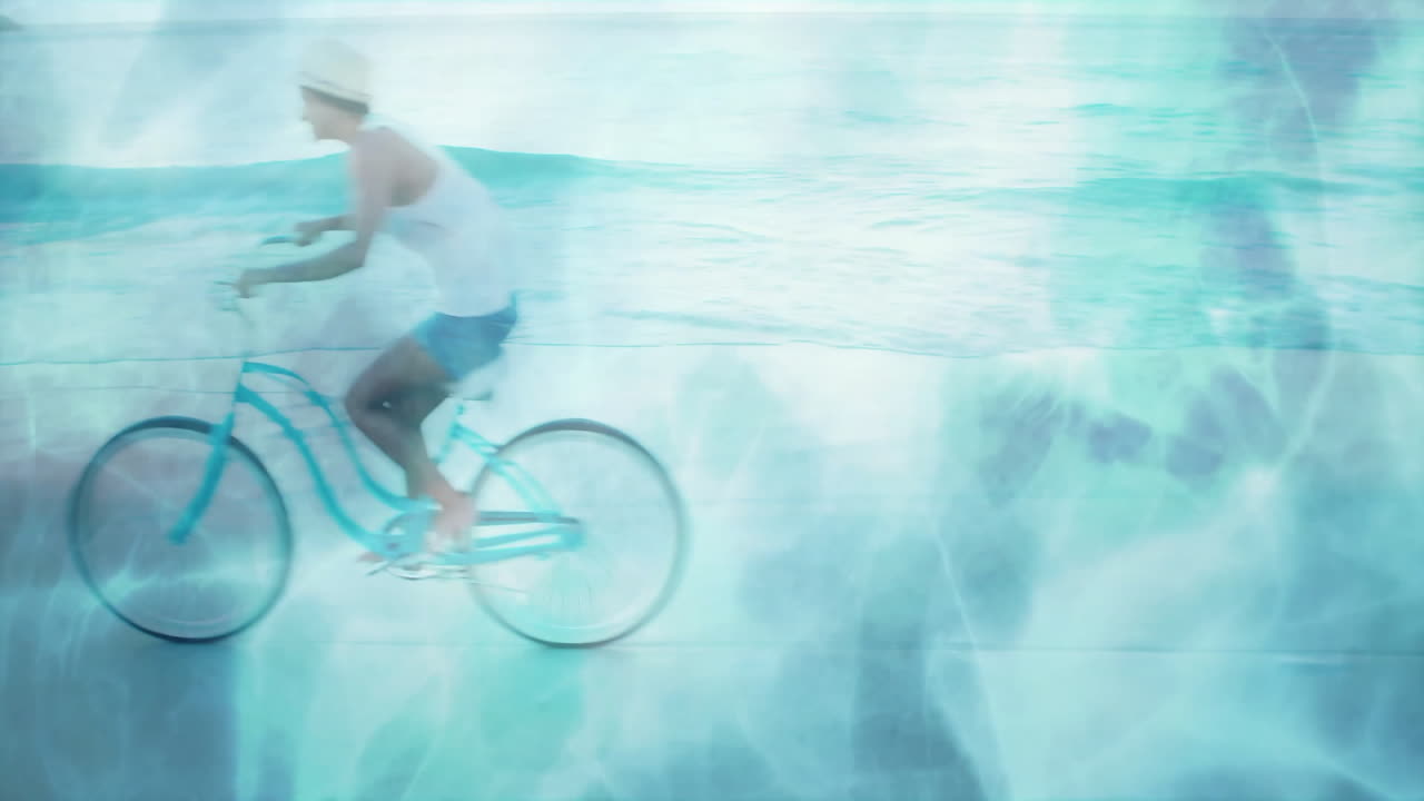 Riding bicycle along beach, woman enjoying ocean waves with animation in background