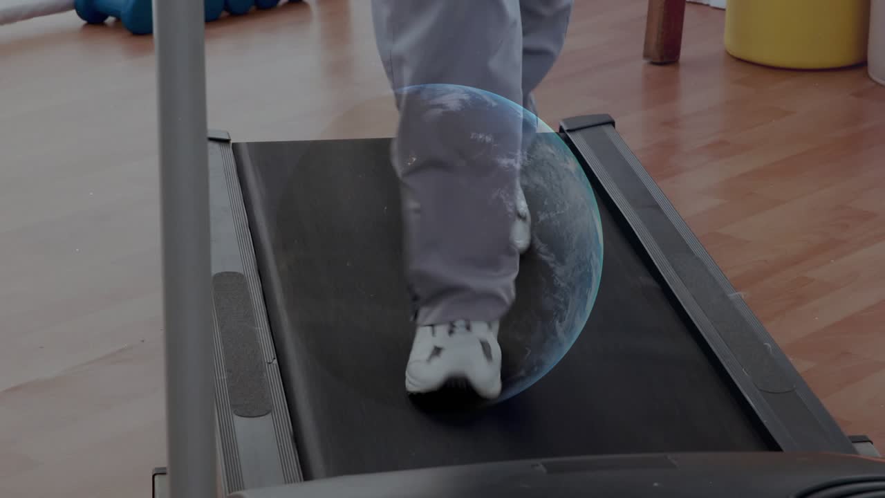 Treadmill driving feet stepping while stock graphs and percent labels fluctuating showing market