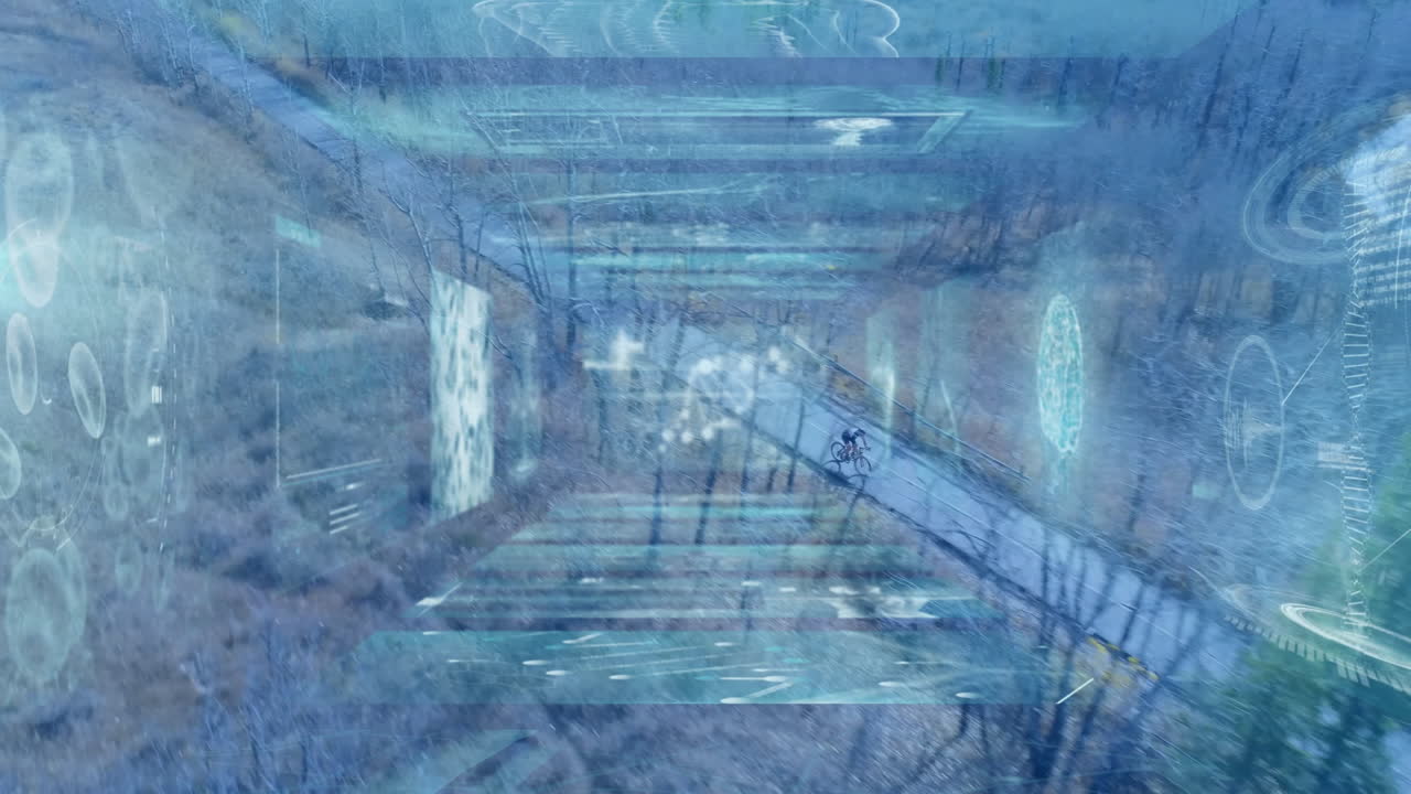 Teenage boy riding bicycle through boardwalk, holographic technology data charts floating overhead