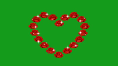 shining red roses in the shape of heart with green screen background