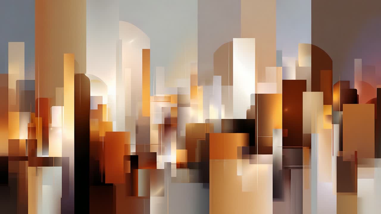 Abstract cityscape featuring fragmented geometric shapes with warm shades of brown, beige, and gold, creating a visually stimulating composition that captivates the viewer's imagination
