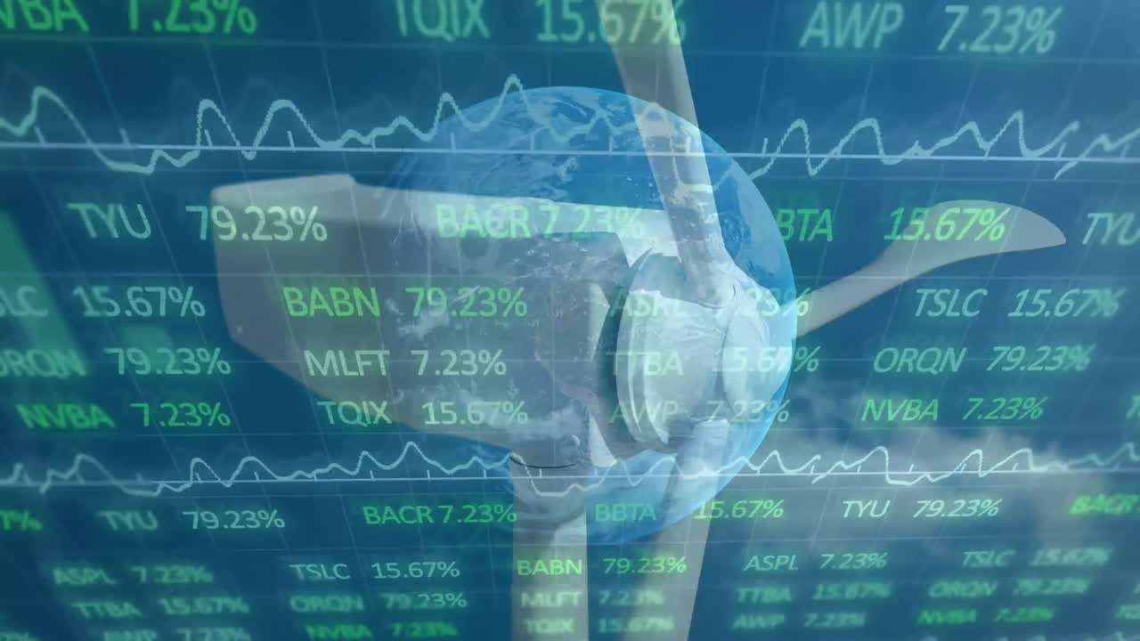 금융 데이터 처리의 애니메이션과 풍력 터빈 위의 지구