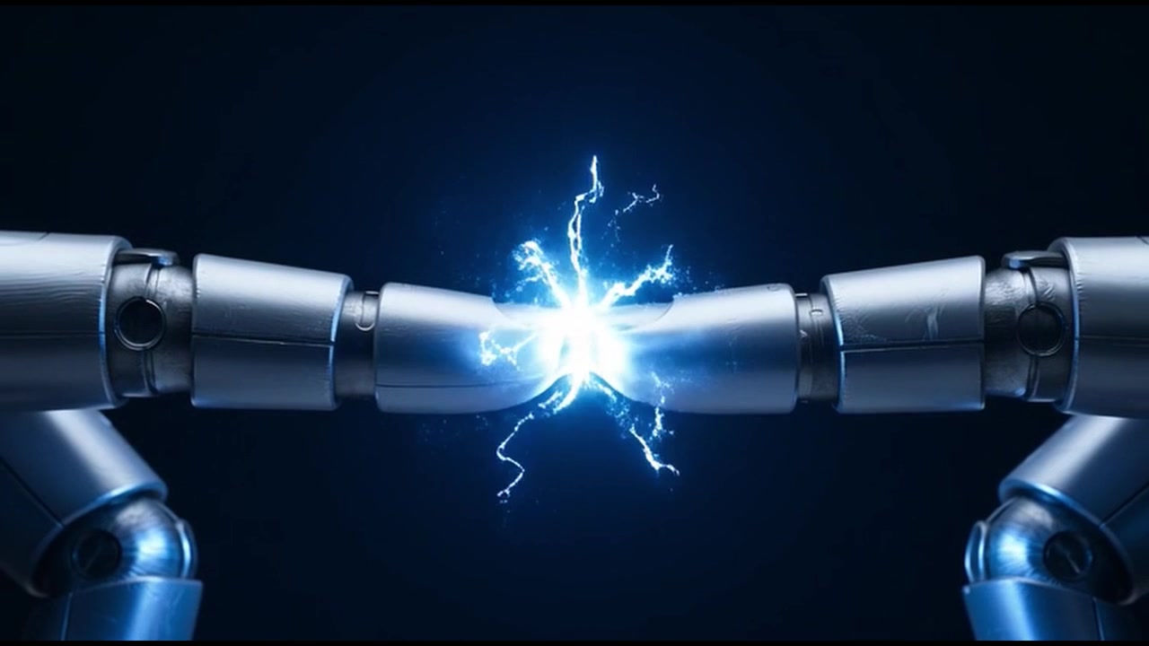 Two Robotic Arms Connecting with Blue Electrical Sparks