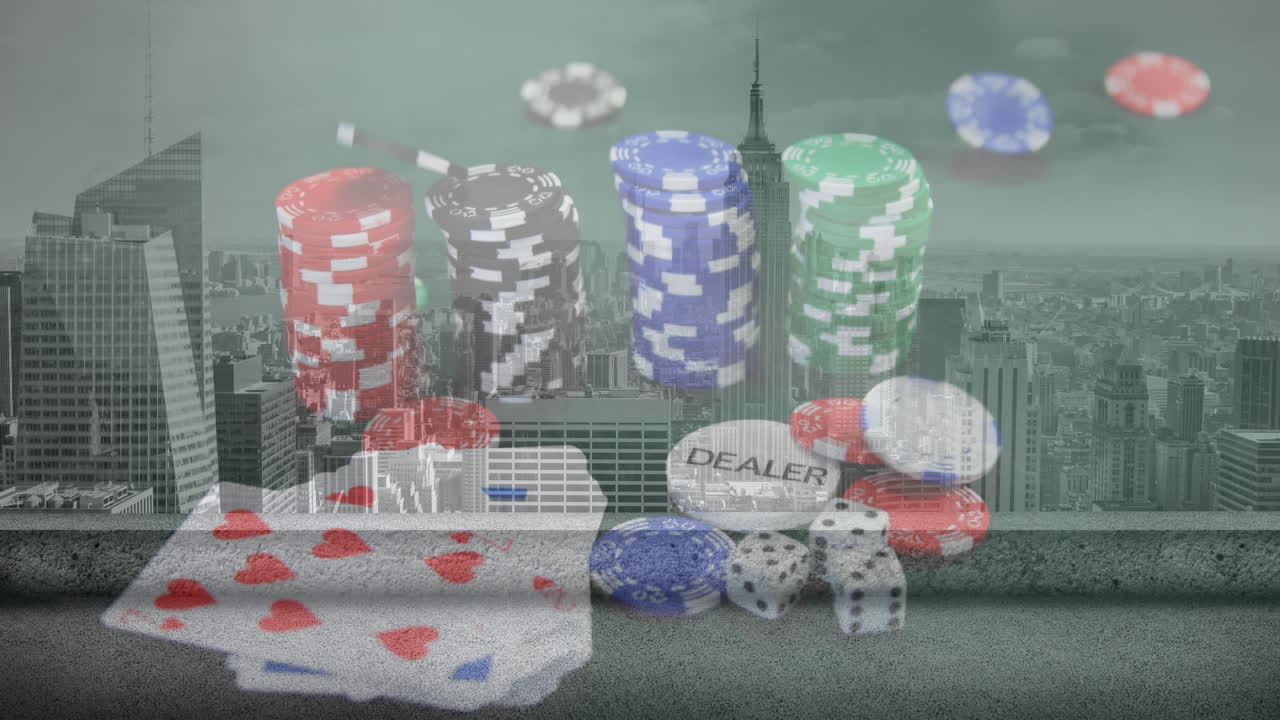 animación de cartas de juego y fichas a bordo sobre el paisaje urbano