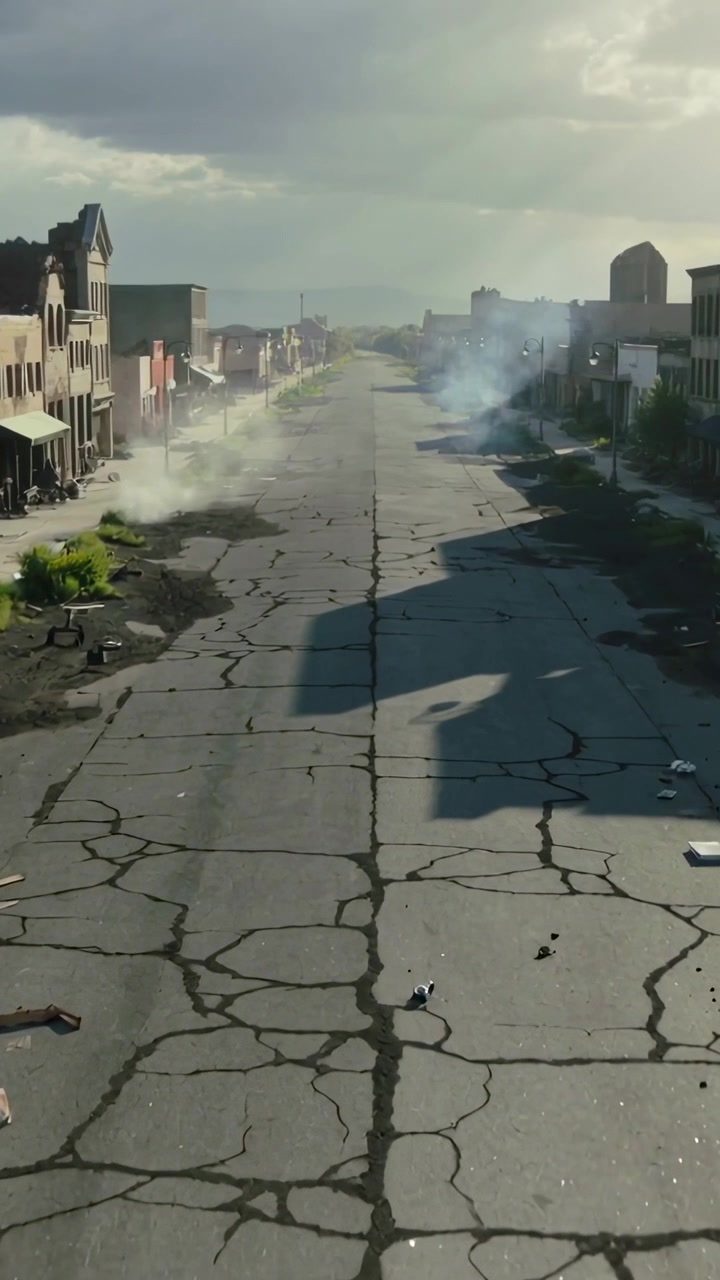 Video verticale: Inquadratura iniziale in movimento che mostra una strada crepata in una città abbandonata con fumo e detriti.