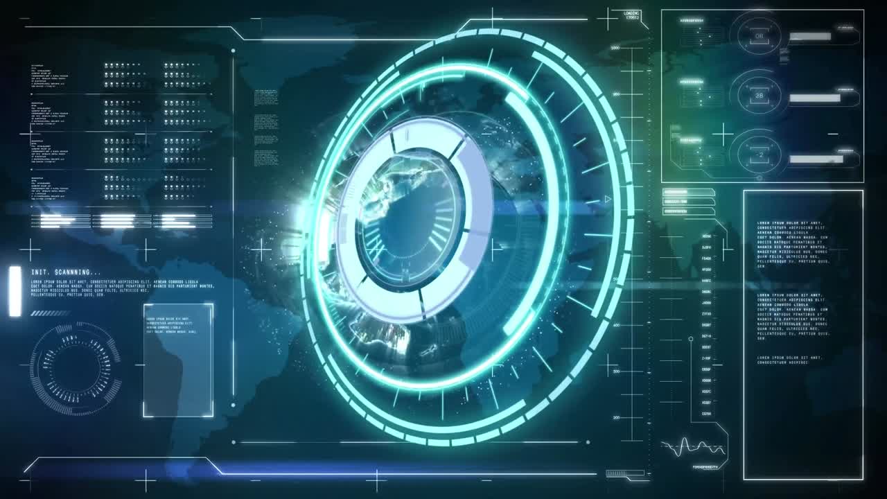 Animation of rotating safe lock over data processing on black background