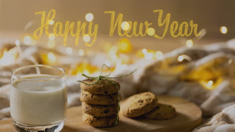 animation of happy new year text over glass of milk and cookies background