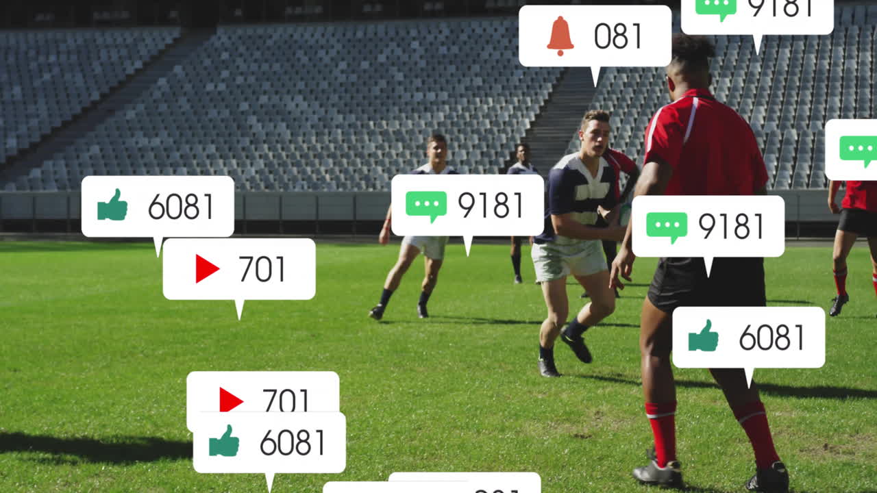 Rugby players on field with social media notification animations overlaying action