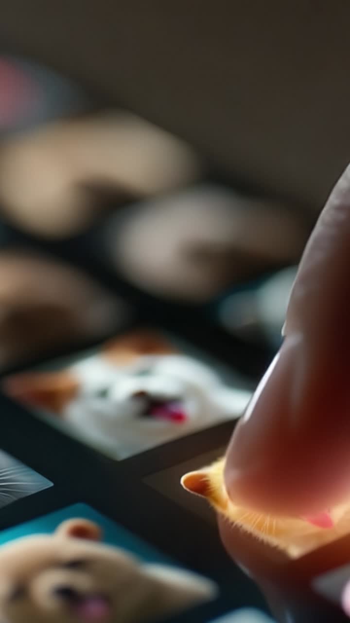 A Finger Selecting a Cute Dog Photo on a Mobile Device, Showcasing An Adorable Puppy with Its Tongue Out Among Other Animal Images