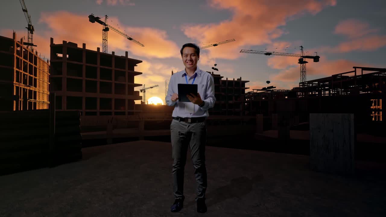 Full Body Of An Asian Male Professional Worker Standing At Construction Site in Progress to New House, Typing On Tablet'S Keyboard With Green Screen And Look At The Factory Once