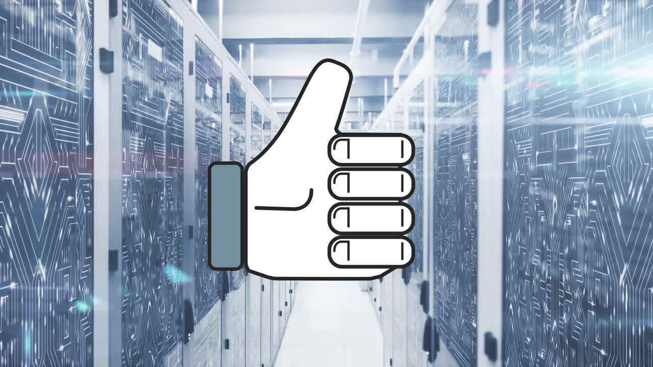 composición digital del pulgar hacia arriba icono contra la sala de servidores vacía
