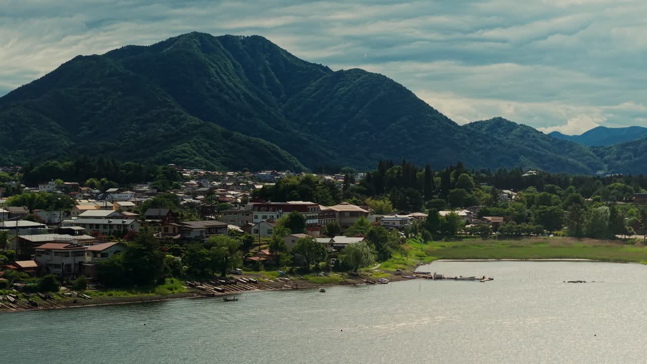 Mountain and Lakeside Town Scenery