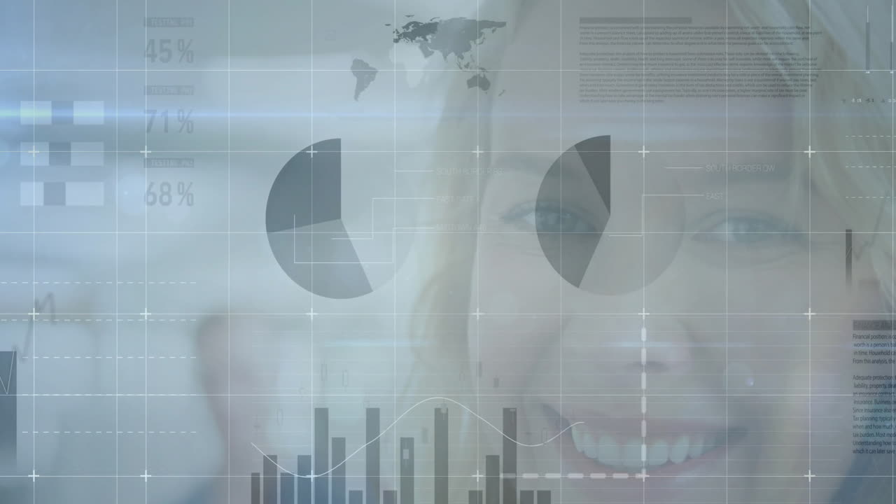 gráficos de datos financieros y animación de mapas del mundo sobre el rostro de una mujer de negocios sonriente