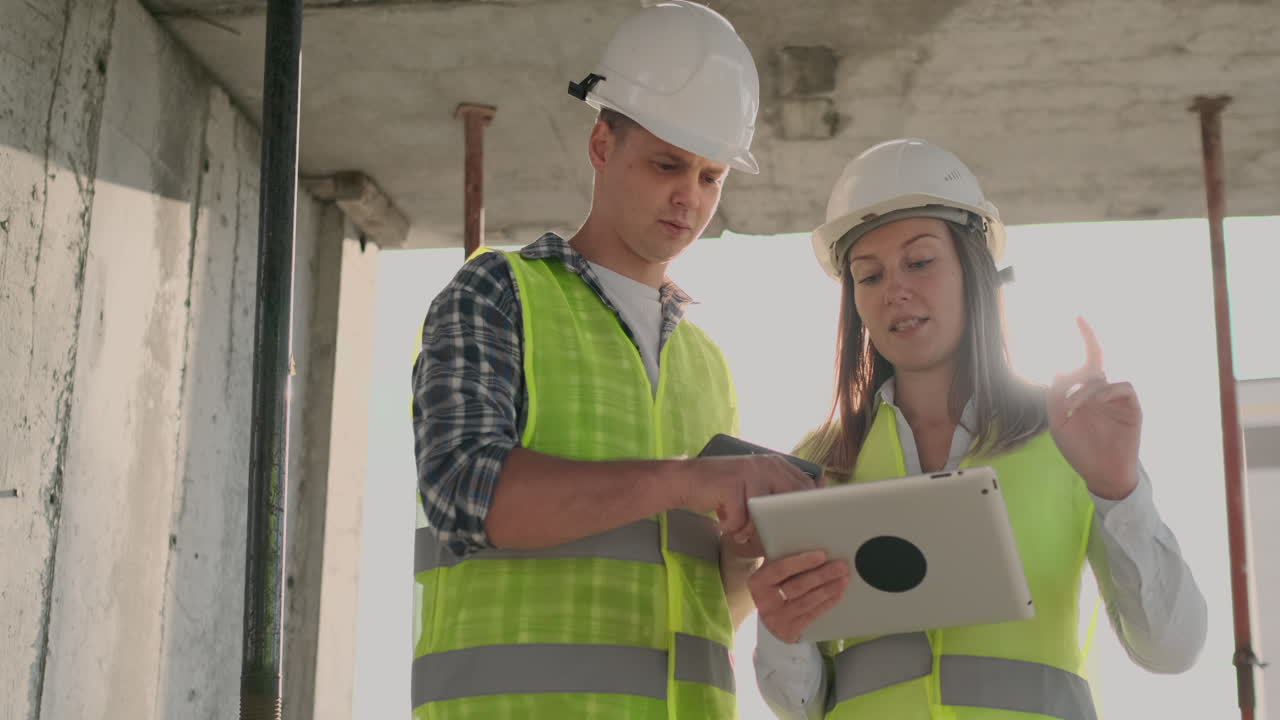 en la construcción con una mujer y un hombre constructores constructores ingenieros caminando a lo largo de él