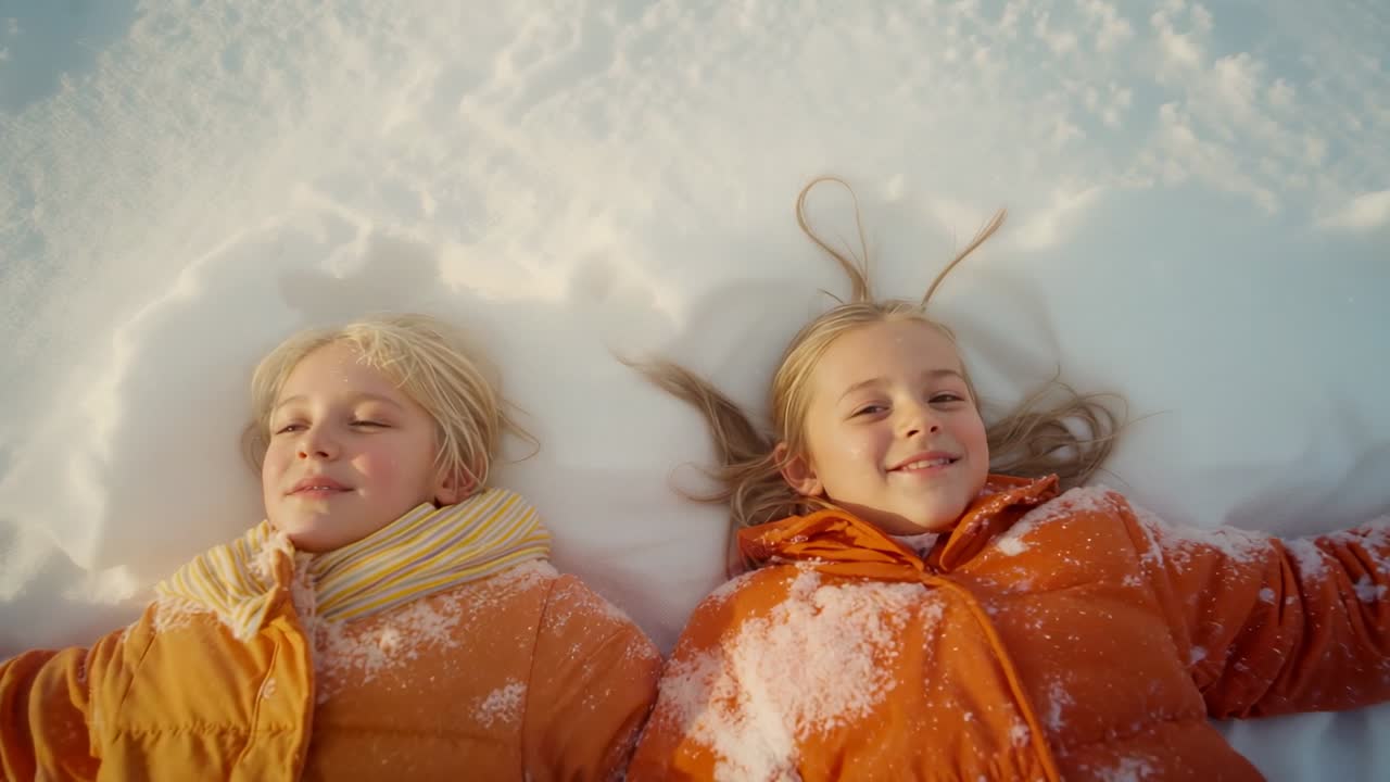 Lying in snow siblings moving arms forming snow angels in backyard for fun, with orange jackets