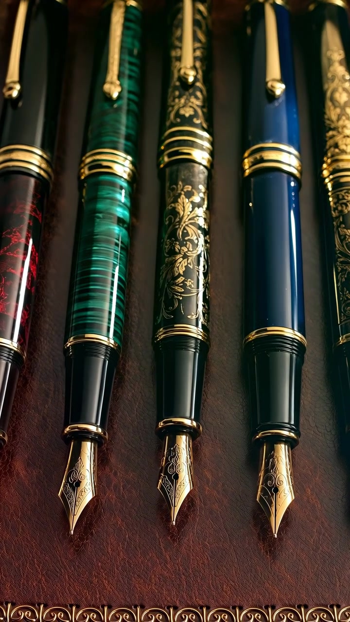 Plumas estilográficas detalladas con puntas de metal pulido y cuerpos decorativos alineadas sobre fondo oscuro, revelando colores ricos, superficies reflectantes y artesanía refinada a través de una presentación en primer plano constante.
