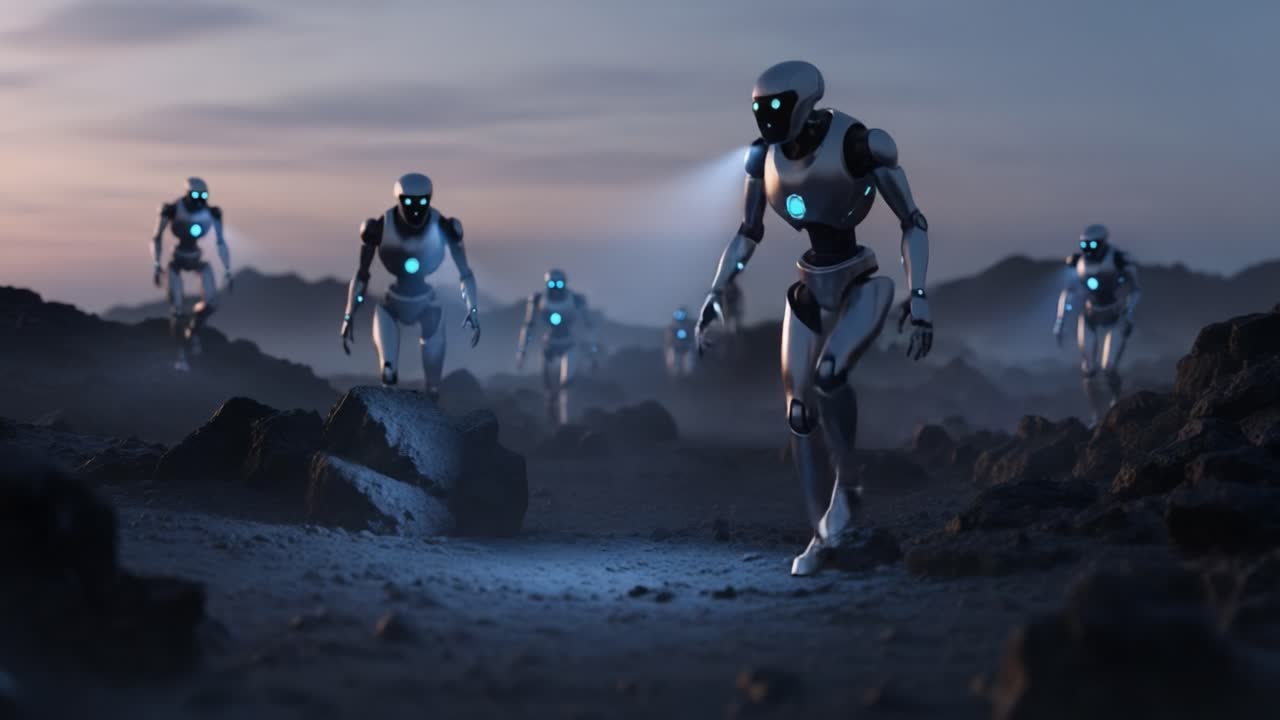 A captivating scene featuring futuristic robots exploring a desolate landscape, illuminated by glowing blue lights, showcasing advanced technology in a mysterious environment.