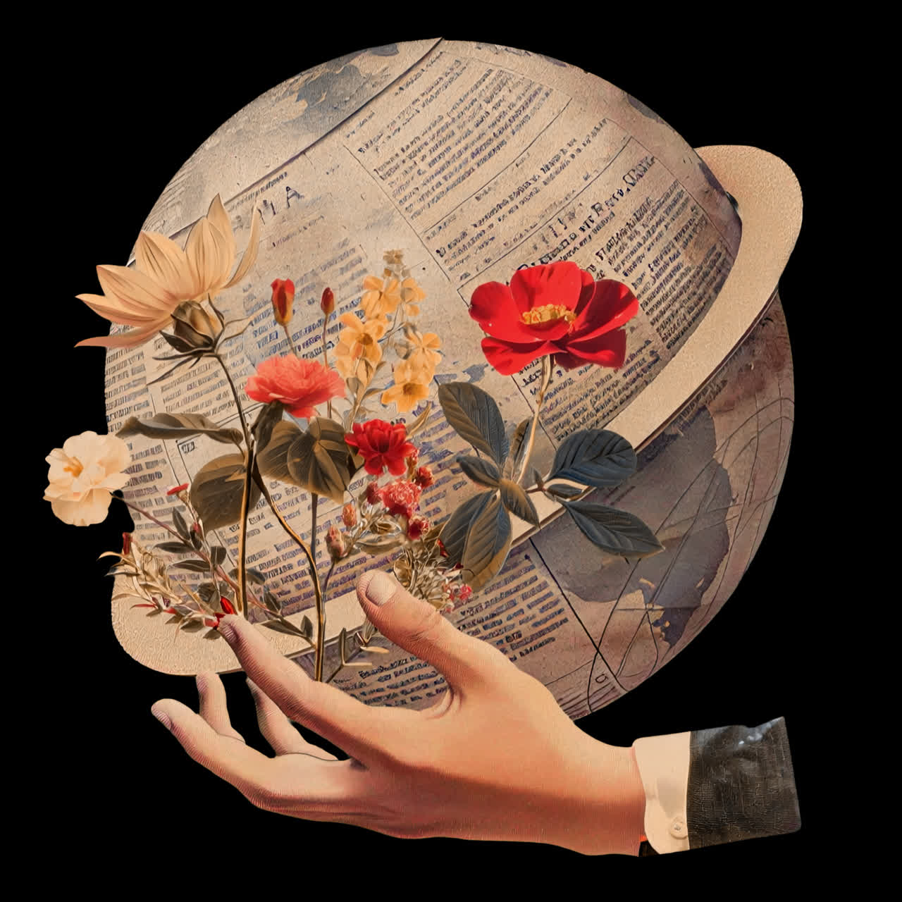 Surreal floral globe collage animation isolated asset, transparent 4K video, alpha channel, ProRes