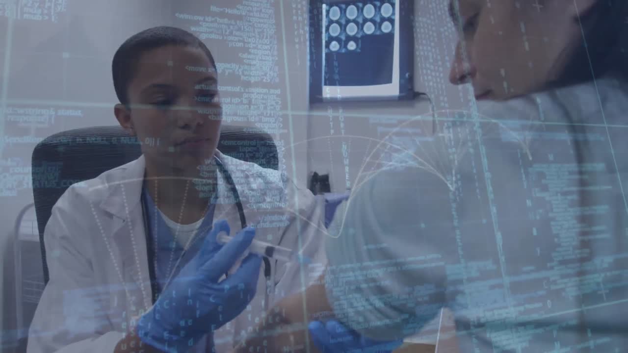 Animation of data processing over biracial female doctor vaccinating caucasian female patient