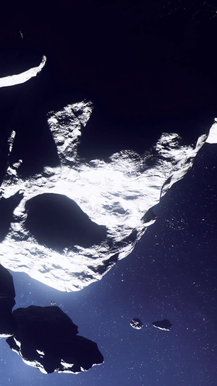 Esplorazione di un grande asteroide nello spazio profondo con dettagli superficiali luminosi.