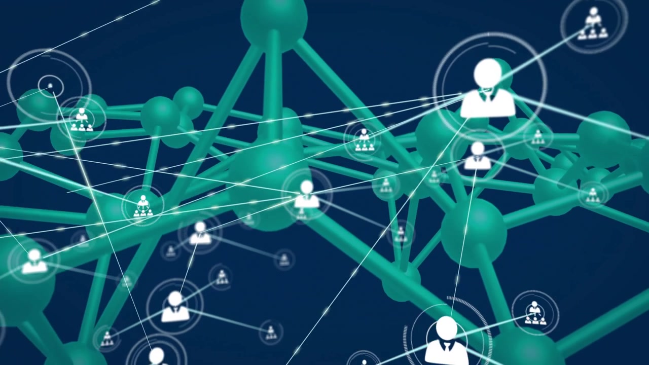 Node network rotating while user icons connecting when white user icon appearing, visualizing links