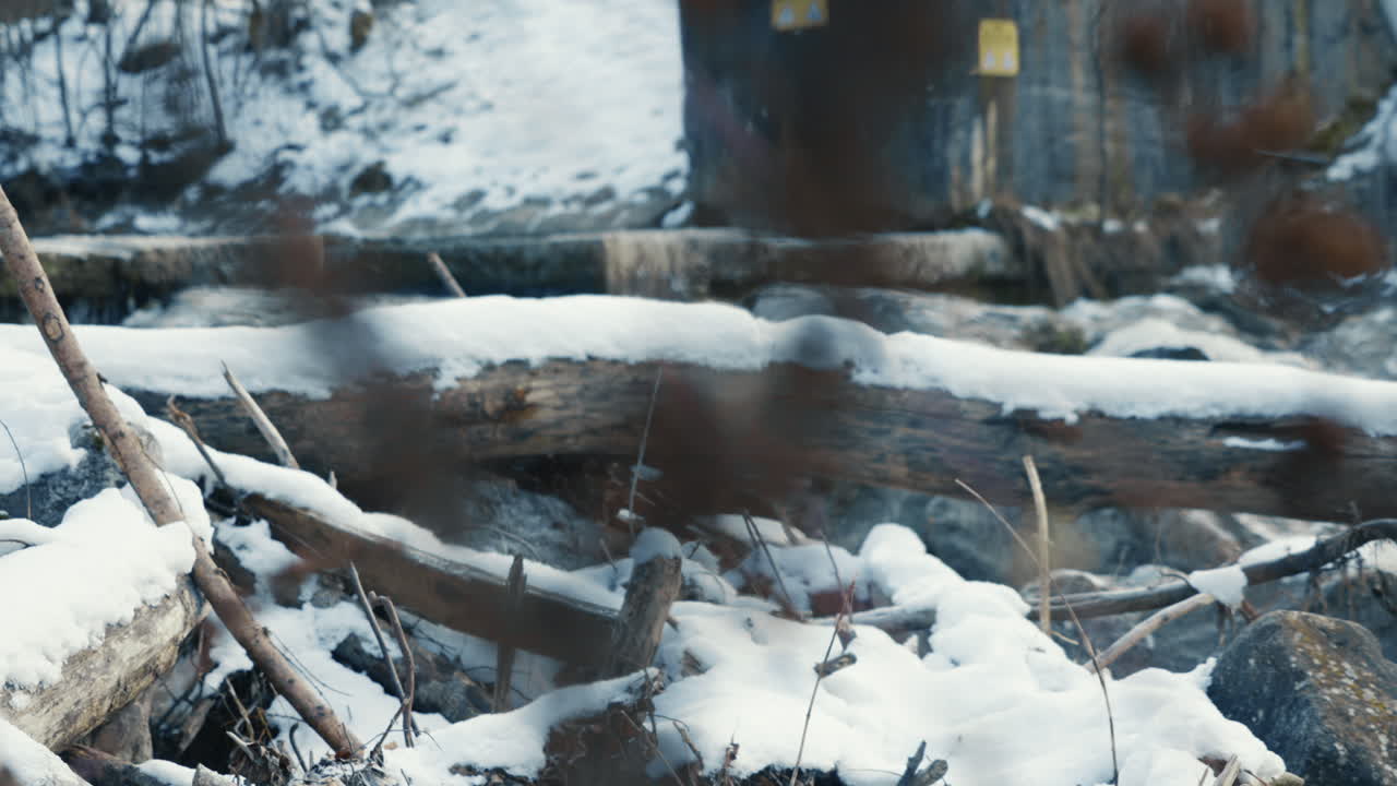 Snowy Winter River Scene with Logs and Rocks