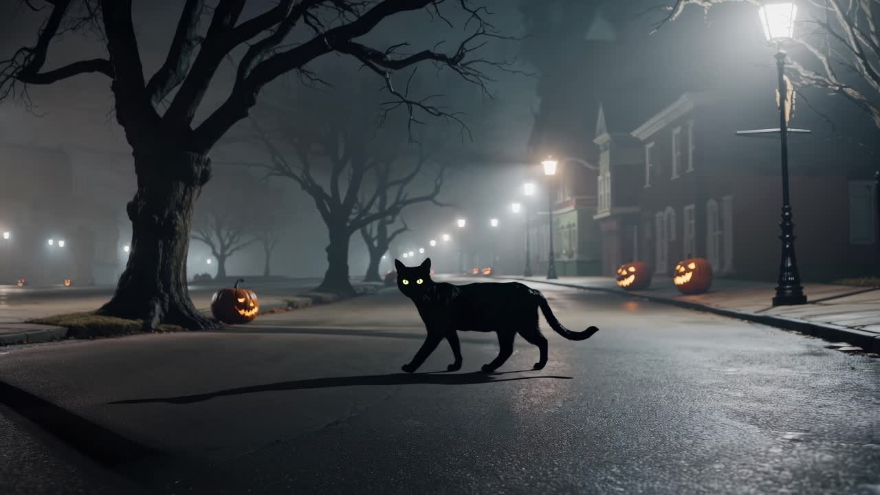 Eerie nighttime street scene with glowing jack-o'-lanterns and a black cat crossing the road, creating a haunting atmosphere of Halloween mystery and suspense