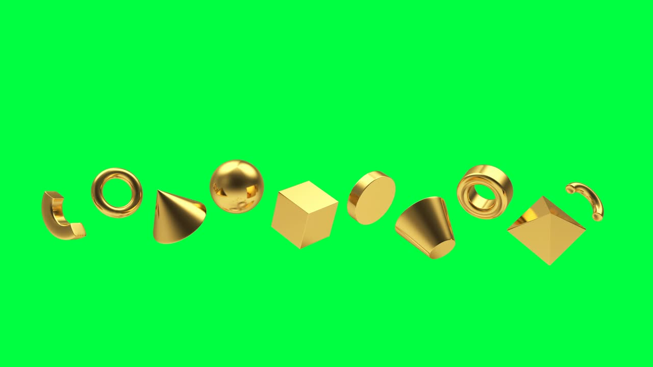 las formas geométricas doradas giran en una pantalla verde en animación 3d. 4k