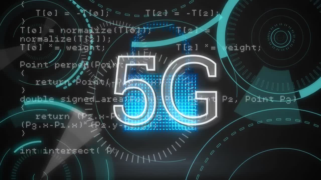 icone digitali dietro 5g scritte nel mezzo di circoli futuristici e codici di programma