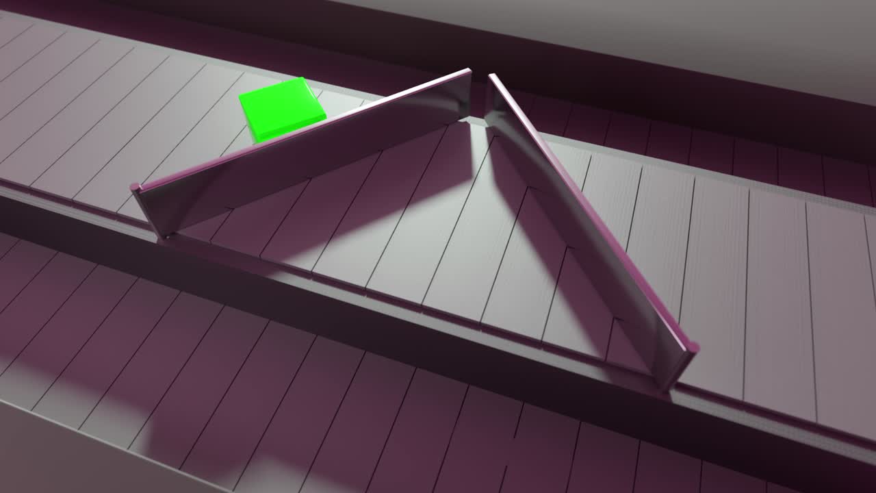 el concepto de clasificación y distribución de mercancías. las cajas de colores se mueven a lo largo de la cinta transportadora del centro de distribución. bucle sin costuras 3d render