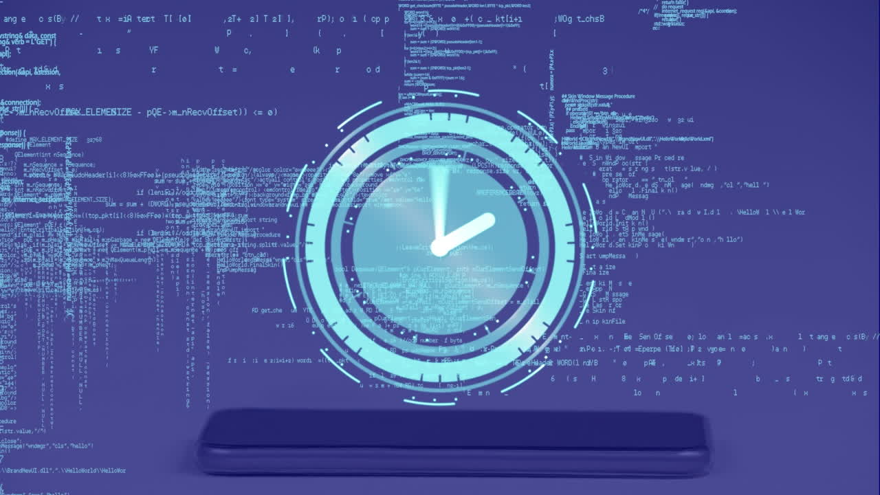 animación de reloj de neón y procesamiento de datos a través de un teléfono inteligente contra un fondo azul