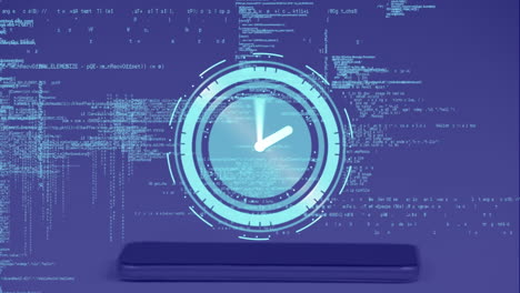 animation of neon ticking clock and data processing over smartphone against blue background